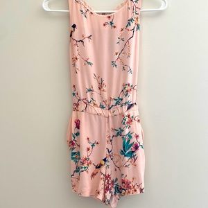 EUC Zara Girls Kids Pink Floral Birds Sleeveless Romper Size 9 - 10